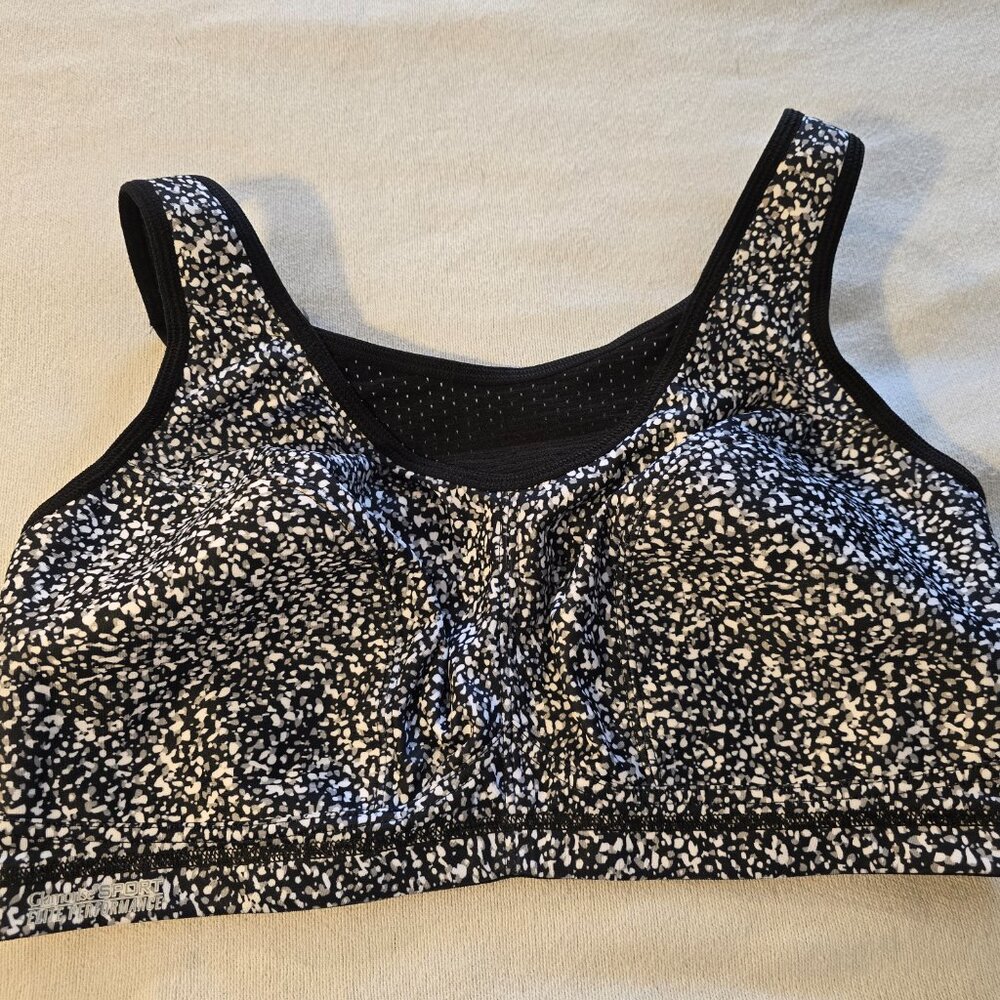 Glamorise 38DD SPORT Elite Performance Cami Bra Black White Splatter Polka Dot
